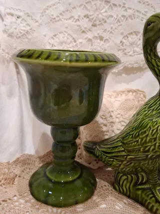 Jarrón y figura de pato de cerámica verde vintage