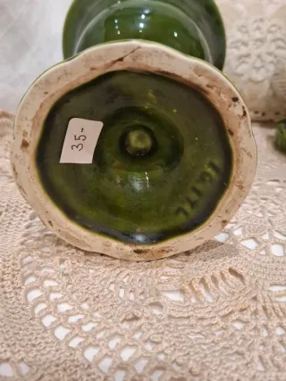 Jarrón y figura de pato de cerámica verde vintage