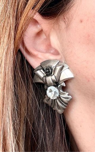 Orecchini vintage anni 80 fiore strass