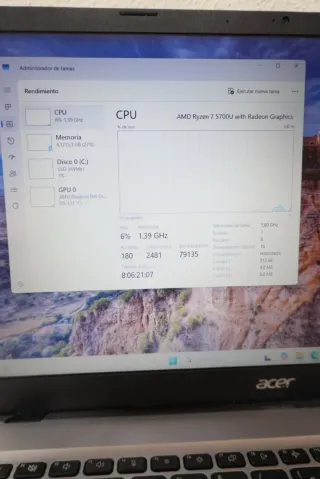 Ordenador Portátil Acer Ryzen 7 5700U 16Gb 512Gb