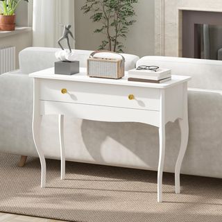 Consola de Entrada Elegante con Amplio Cajón de Almacenamiento, Mesa Consola de Madera con Patas Curvas, Mesa de Entrada para Dormitorio, Moderna, 100X40X74 Cm, Blanca