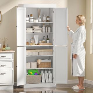 Mueble de Cocina Alto Con 6 Estantes Y 2 Puertas, Armario Despensa Con Estantes Regulables en Madera, 76X40.5X184 Cm, Blanco