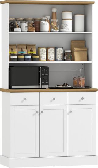 Credenza de Cocina Con 3 Estantes Abiertos, 3 Cajones Y 2 Armarios, Mueble Despensa Estrecho de Madera, para Sala de Estar, Comedor, 101X39X180.5 Cm, Blanco