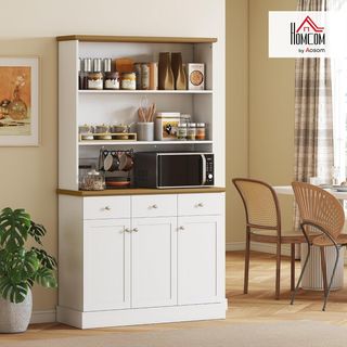 Credenza de Cocina Con 3 Estantes Abiertos, 3 Cajones Y 2 Armarios, Mueble Despensa Estrecho de Madera, para Sala de Estar, Comedor, 101X39X180.5 Cm, Blanco