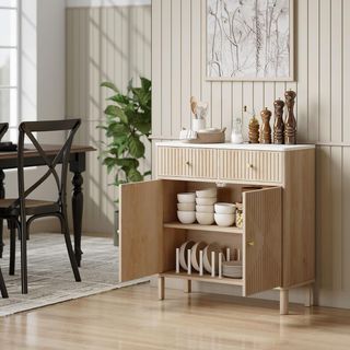 Credenza de Cocina Con 2 Cajones Silenciosos Y Superficie Efecto Mármol, Mueble de Cocina Con Armario Y Estante Regulable, Credenza de Salón para Comedor, 77X30X80Cm, Roble