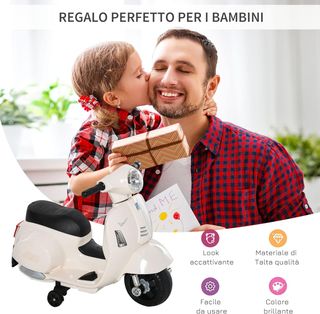 Moto Eléctrica para Niños 6V Con Licencia Oficial Vespa Batería, Scooter Eléctrico para Niños de 18-36 Meses Con Faros y Claxon, 66.5X38X52Cm, Blanco