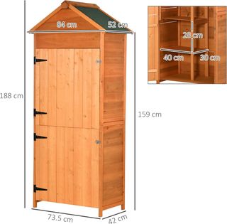 Cobertizo para Herramientas de Jardín de Madera de Abeto con 2 Puertas, Caseta de Herramientas de Jardín con 3 Estantes, Techo Inclinado para Terraza Patio, 84X52X188 Cm, Naranja