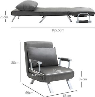 Sillón Cama Individual 3 en 1 Con Respaldo Reclinable En 5 Niveles Y Cojín, Sofá Cama Individual Plegable Para Sala Y Salón En Cuero Suede Y Metal, 65X69X80 Cm, Gris