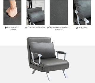 Sillón Cama Individual 3 en 1 Con Respaldo Reclinable En 5 Niveles Y Cojín, Sofá Cama Individual Plegable Para Sala Y Salón En Cuero Suede Y Metal, 65X69X80 Cm, Gris