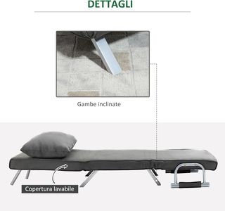 Sillón Cama Individual 3 en 1 Con Respaldo Reclinable En 5 Niveles Y Cojín, Sofá Cama Individual Plegable Para Sala Y Salón En Cuero Suede Y Metal, 65X69X80 Cm, Gris