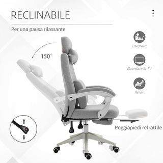 Silla De Oficina Ergonómica, Silla De Escritorio Con Ruedas, Cojín Lumbar, Reposacabezas Y Reposapiés Extraíble, Gris 62X68X117-127Cm