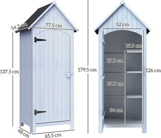 Cobertizo para Herramientas de Jardín de Madera de Abeto con 3 Estantes, Caseta de Herramientas de Jardín con Techo Inclinado Impermeable para Terraza Patio, 77.5X54.2X179.5 Cm, Blanco