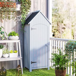 Cobertizo para Herramientas de Jardín de Madera de Abeto con 3 Estantes, Caseta de Herramientas de Jardín con Techo Inclinado Impermeable para Terraza Patio, 77.5X54.2X179.5 Cm, Blanco