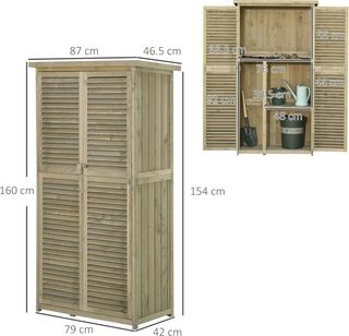 Caseta de Herramientas de Jardín de Madera de Abeto y Pino con 4 Compartimentos, Armario de Exterior para Herramientas de Jardín con Techo Impermeable, 87X46.5X160Cm, Gris