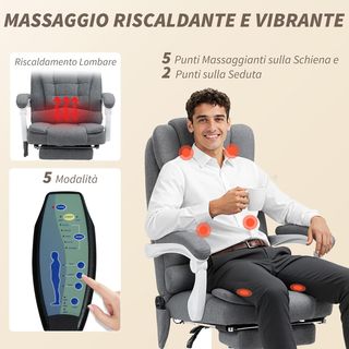 Silla de Oficina Masajeadora 6 Puntos Vibrante, Calentada y Reposapiés, Silla de Escritorio Acolchada Reclinable en Tejido de Terciopelo y Lino Transpirable con Control Remoto y Altura Regulable, Gris