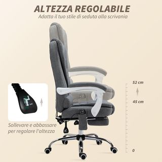 Silla de Oficina Masajeadora 6 Puntos Vibrante, Calentada y Reposapiés, Silla de Escritorio Acolchada Reclinable en Tejido de Terciopelo y Lino Transpirable con Control Remoto y Altura Regulable, Gris