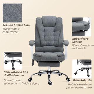 Silla de Oficina Masajeadora 6 Puntos Vibrante, Calentada y Reposapiés, Silla de Escritorio Acolchada Reclinable en Tejido de Terciopelo y Lino Transpirable con Control Remoto y Altura Regulable, Gris