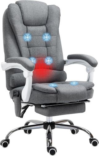 Silla de Oficina Masajeadora 6 Puntos Vibrante, Calentada y Reposapiés, Silla de Escritorio Acolchada Reclinable en Tejido de Terciopelo y Lino Transpirable con Control Remoto y Altura Regulable, Gris