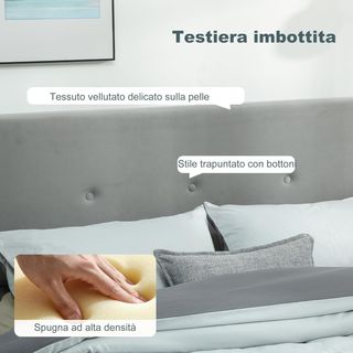 Estructura de Cama Matrimonial 140X190 Cm, Cama Matrimonial con Contenedor, Cabecera Acolchada en Terciopelo, Pistón de Gas, Base de Listones de Madera, Silenciosa, Montaje Fácil, Gris