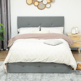 Estructura de Cama Matrimonial 140X190 Cm, Cama Matrimonial con Contenedor, Cabecera Acolchada en Terciopelo, Pistón de Gas, Base de Listones de Madera, Silenciosa, Montaje Fácil, Gris