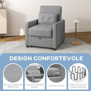 Sofá Cama Individual Con Respaldo Reclinable En 3 Niveles, 2 Ruedas Y Cojín, Sofá Cama Individual Plegable Para Sala De Estar En Tejido Efecto Lino Y Madera, 69X82X85Cm, Gris Claro