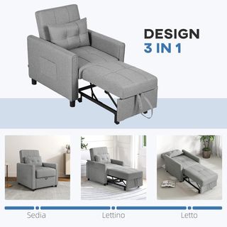 Sofá Cama Individual Con Respaldo Reclinable En 3 Niveles, 2 Ruedas Y Cojín, Sofá Cama Individual Plegable Para Sala De Estar En Tejido Efecto Lino Y Madera, 69X82X85Cm, Gris Claro