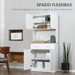 Mobile da Cucina Alto 180Cm Con 2 Ante e Cassetto, Credenza in Legno Con Ripiani Regolabili, per Cucina, Sala da Pranzo e Soggiorno, 80X40X180 Cm, Bianco