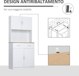 Mobile da Cucina Alto 180Cm Con 2 Ante e Cassetto, Credenza in Legno Con Ripiani Regolabili, per Cucina, Sala da Pranzo e Soggiorno, 80X40X180 Cm, Bianco