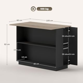 Isola Cucina Con 2 Ripiani Aperti E 2 Armadi Con Porte, Mobile Cucina In MDF, 105X60X82 Cm, Color Noce E Nero