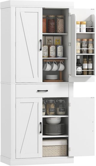 Alacena Alta de Cocina 183.5 Cm, Mueble de Cocina Con 6 Especieros en la Puerta, 4 Puertas de Estilo Granero y Cajón, Mueble de Despensa Rústico Con Estantes Regulables, para Comedor, Sala de Esta...