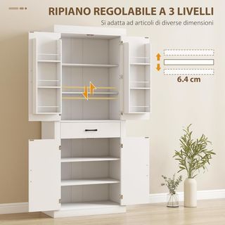 Alacena Alta de Cocina 183.5 Cm, Mueble de Cocina Con 6 Especieros en la Puerta, 4 Puertas de Estilo Granero y Cajón, Mueble de Despensa Rústico Con Estantes Regulables, para Comedor, Sala de Esta...