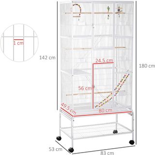Jaula para Aves de Acero y PP con Posaderos, Juguetes, Contenedores de Comida y Bandeja Extraíble, 83X53X180 Cm, Blanca