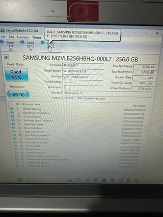 SSD NVMe Samsung 256GB M.2 2280 (96% salud).