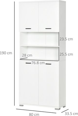 Mueble de Baño Moderno Con 2 Armarios Con Puertas Y 2 Estantes Abiertos, en Aglomerado, 80X33.5X190 Cm, Blanco