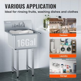 Lavandoio in Acciaio Inox per Preparazione e Utilità, Lavellino da 1 Vano con Rubinetto e Piedi, 533,4 x 1041 mm, Lavelli Commerciali a Un Bacino per Garage, Resistente...