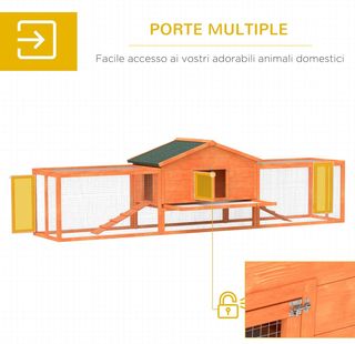 Conigliera Esterna Con Casetta E 2 Recinti, Gabbia Per Conigli E Piccoli Animali Con Rampe, 309X69.5X87Cm, Arancione
