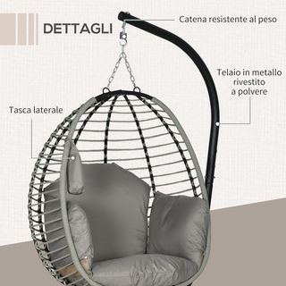 Silla Colgante Con Cojín Acolchado, Silla Colgante Balancín Con Asiento Plegable Y Estructura De Acero Y Cuerda, Gris