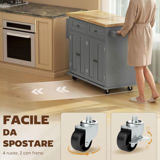Carrello da Cucina con Ruote, Ripiani Regolabili e Portaspezie, Isola da Cucina con Superficie in Legno di Gomma, per Cucina e Soggiorno, 111x44.5x82.5 cm, Grigio