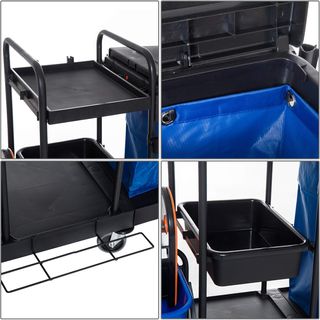 Carro de Limpieza Profesional de 3 Estantes con Bolsa de Basura, Ganchos para Escoba, Cubo de Fregona con Escurridor y 5 Ruedas, para Hoteles y Alojamientos, 111X63.3X103 Cm, Negro