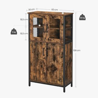 Mueble Multiusos, Armario, Credenza, Estante Regulable, Mueble Para Baño, Estructura de Acero, para Sala Cocina, Estilo Industrial, Marrón Vintage y Negro LSC260B01