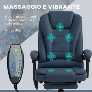 Silla Ergonómica De Oficina Con 7 Puntos De Masaje Y Reposapiés, Silla De Escritorio Reclinable En Cuero PU Con Brazos Acolchados, Altura Ajustable Y Ruedas Giratorias, Para Estudio, Azul