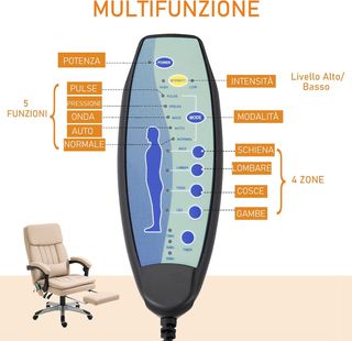 Sillón Masajeador de Oficina, Altura Ajustable y Reclinable en Piel PU, 67X69X106.5-114.5Cm Beige