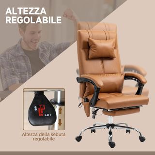 Silla De Oficina Ergonómica Masajeadora Y Calentada, Silla De Escritorio Reclinable Balanceo Altura Ajustable Con Respaldo Alto Y Reposapiés, De Cuero PU Para Computadora, Marrón Claro