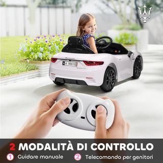 Coche Eléctrico para Niños 12V Maserati Gran Turismo Folgore, Coche Eléctrico para Niños Con 2 Motores, Arranque Suave, Ruedas, Control Remoto, Cinturón, Música, Claxon y Faros, 3-5 Km/H, Blanco