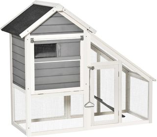 Conejera de Madera con Área Abierta y Rampa, Jaula para Conejos con Fondo Extraíble y Puertas, 140X65X120 Cm, Gris