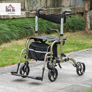 Andador Silla de Ruedas 2 en 1 Plegable de Altura Ajustable, Andador para Ancianos y Discapacitados de 4 Ruedas, Carro con Asiento, Frenos Dobles y Bolsa de Transporte, de Aluminio
