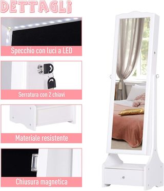 Armario de Joyas LED con Espejo y Base de Cajón Organizador de Joyas y Accesorios 45X36X150 Cm