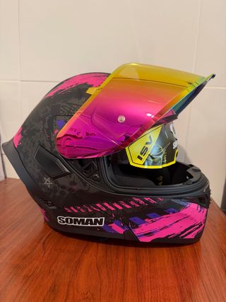 Casco Soman Moto Negro y Rosa