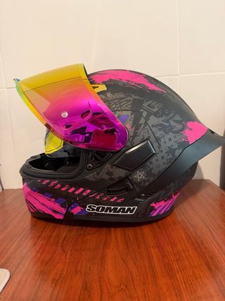 Casco Soman Moto Negro y Rosa