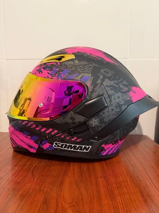 Casco Soman Moto Negro y Rosa